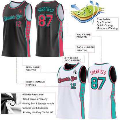 Custom Reversible Black Neon Pink-Aqua Double Side Star Sublimation Basketball Set Jersey