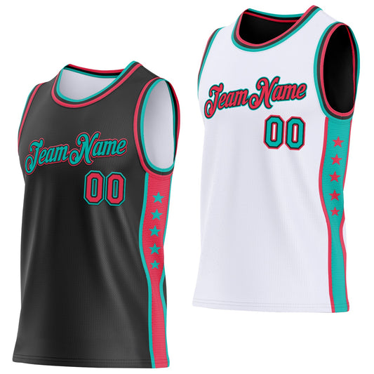 Custom Reversible Black Neon Pink-Aqua Double Side Star Sublimation Basketball Set Jersey
