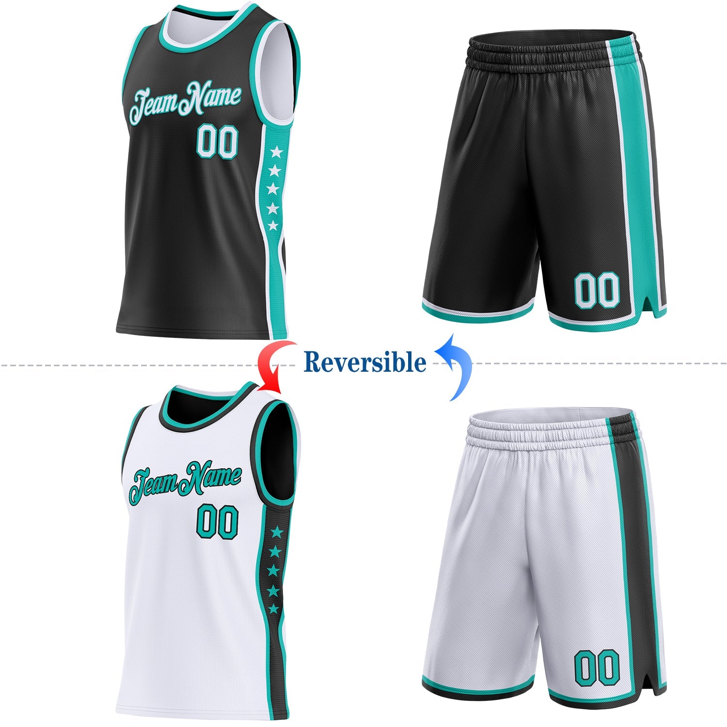 Custom Reversible Black White-Aqua Double Side Star Sublimation Basketball Set Jersey