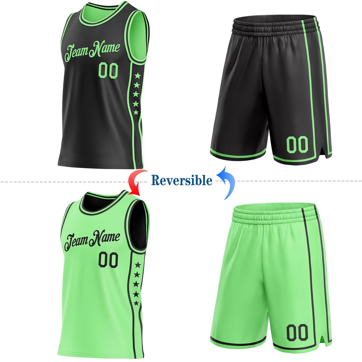 Custom Reversible Black Pea Green Double Side Star Sublimation Basketball Set Jersey