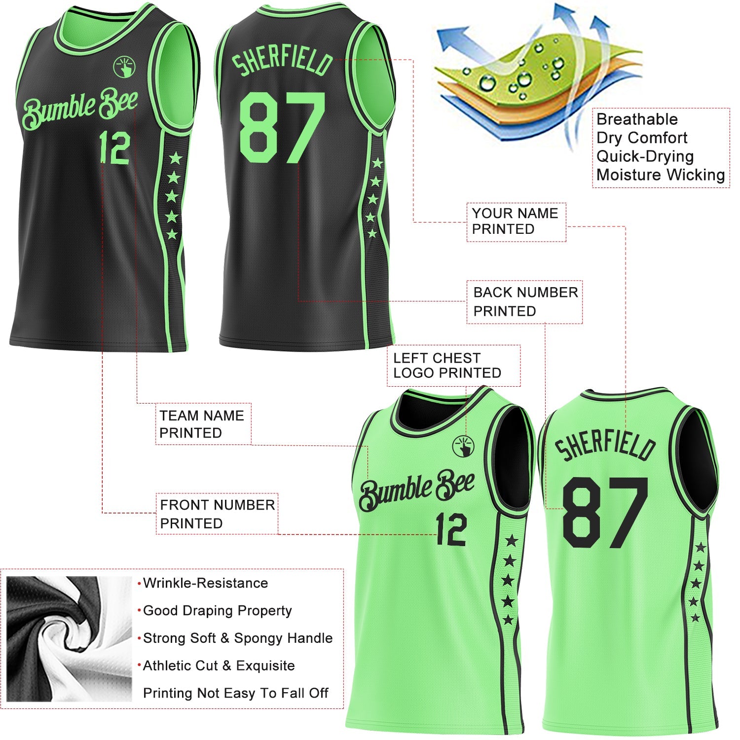 Custom Reversible Black Pea Green Double Side Star Sublimation Basketball Set Jersey