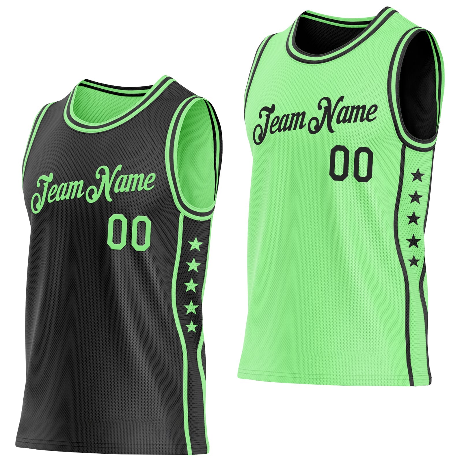 Custom Reversible Black Pea Green Double Side Star Sublimation Basketball Set Jersey