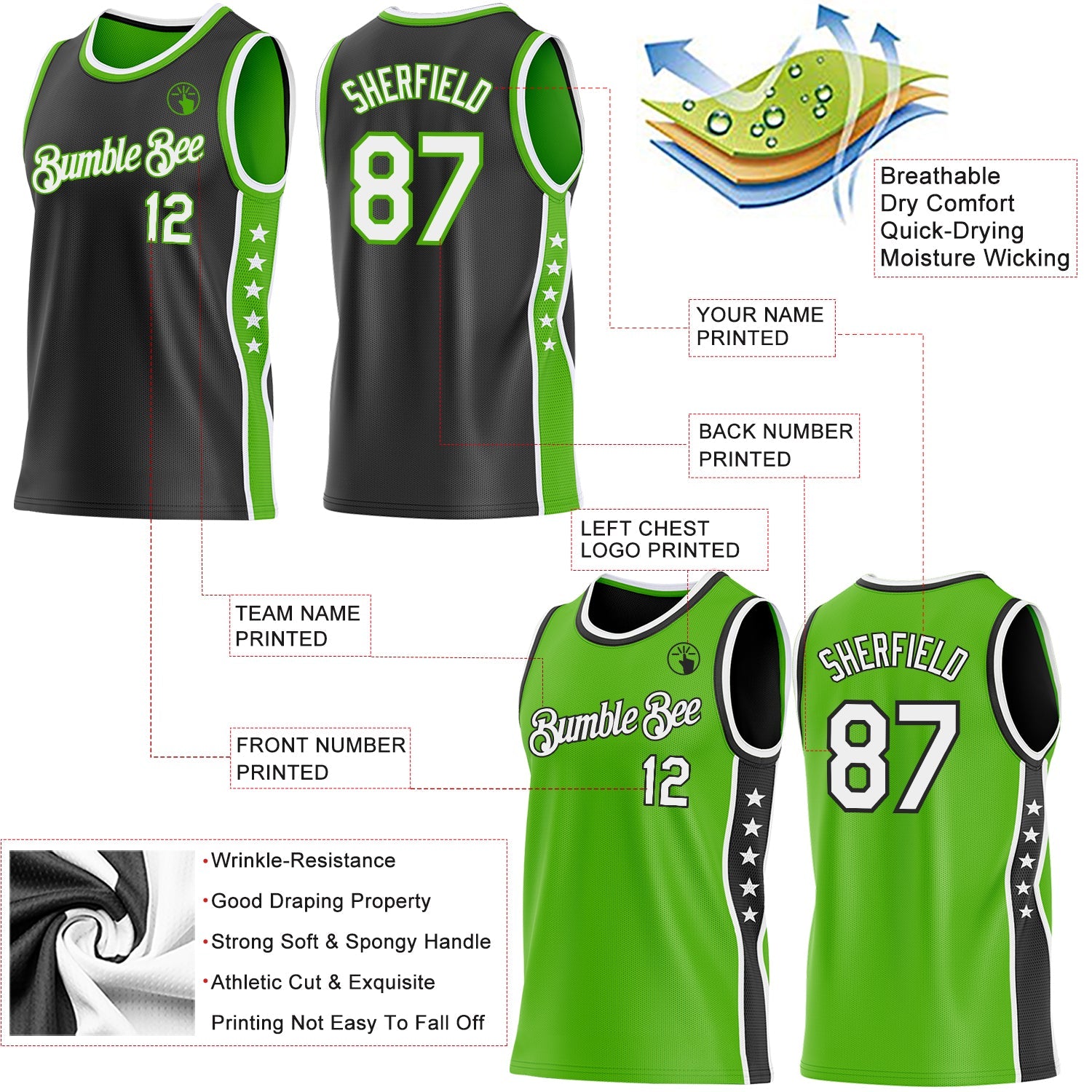 Custom Reversible Black White-Aurora Green Double Side Star Sublimation Basketball Set Jersey