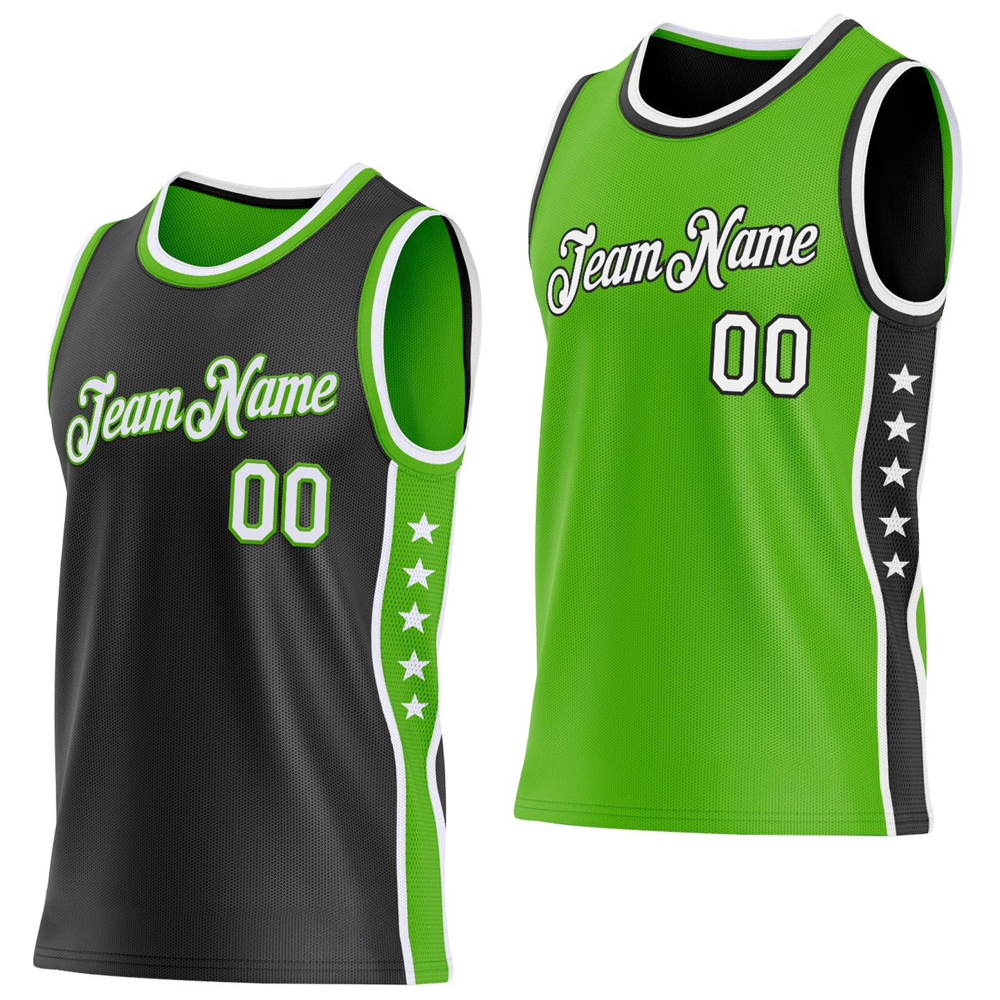 Custom Reversible Black White-Aurora Green Double Side Star Sublimation Basketball Set Jersey