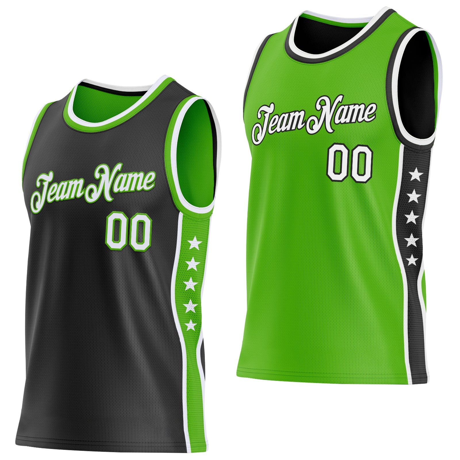Custom Reversible Black White-Aurora Green Double Side Star Sublimation Basketball Set Jersey