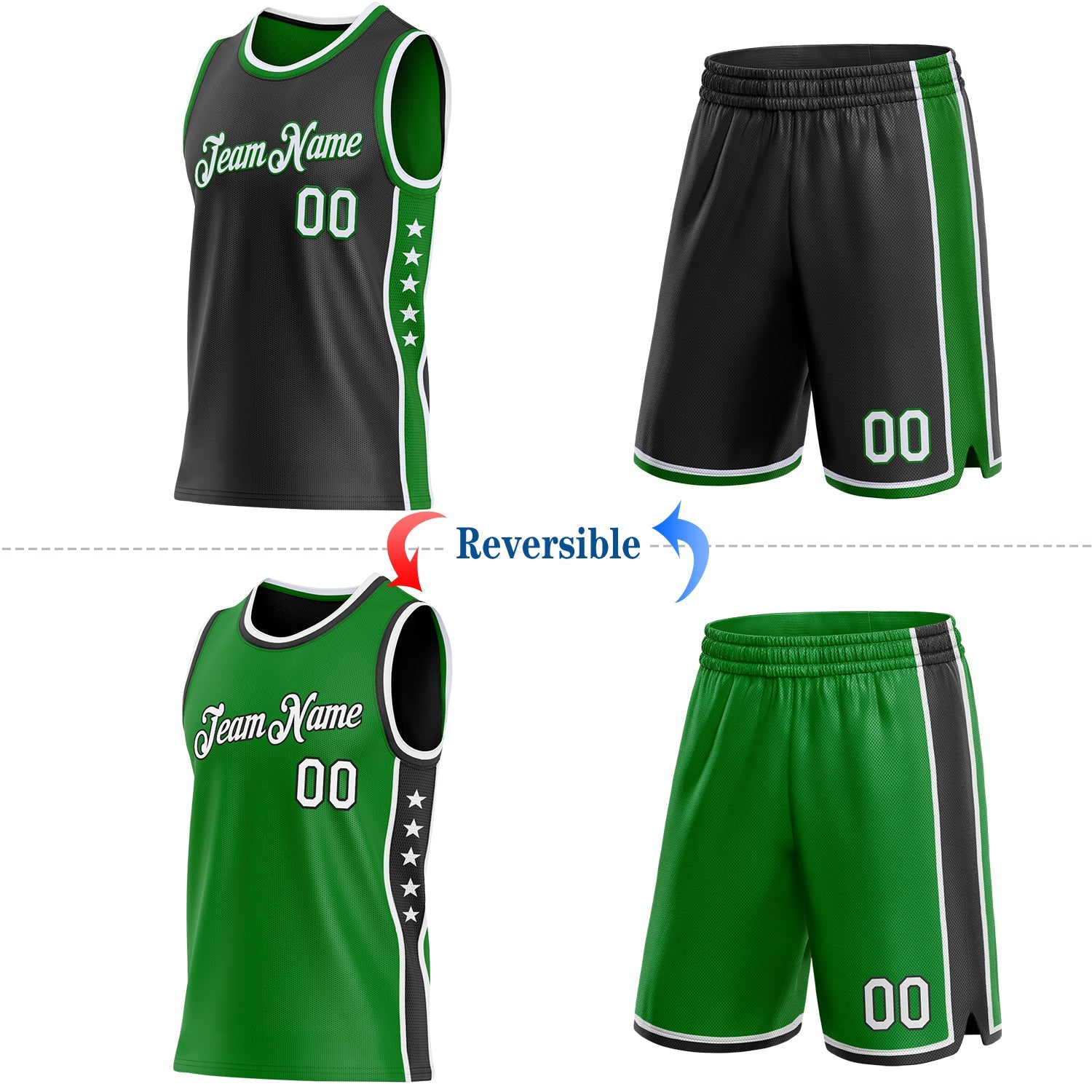 Custom Reversible Black White-Grass Green Double Side Star Sublimation Basketball Set Jersey
