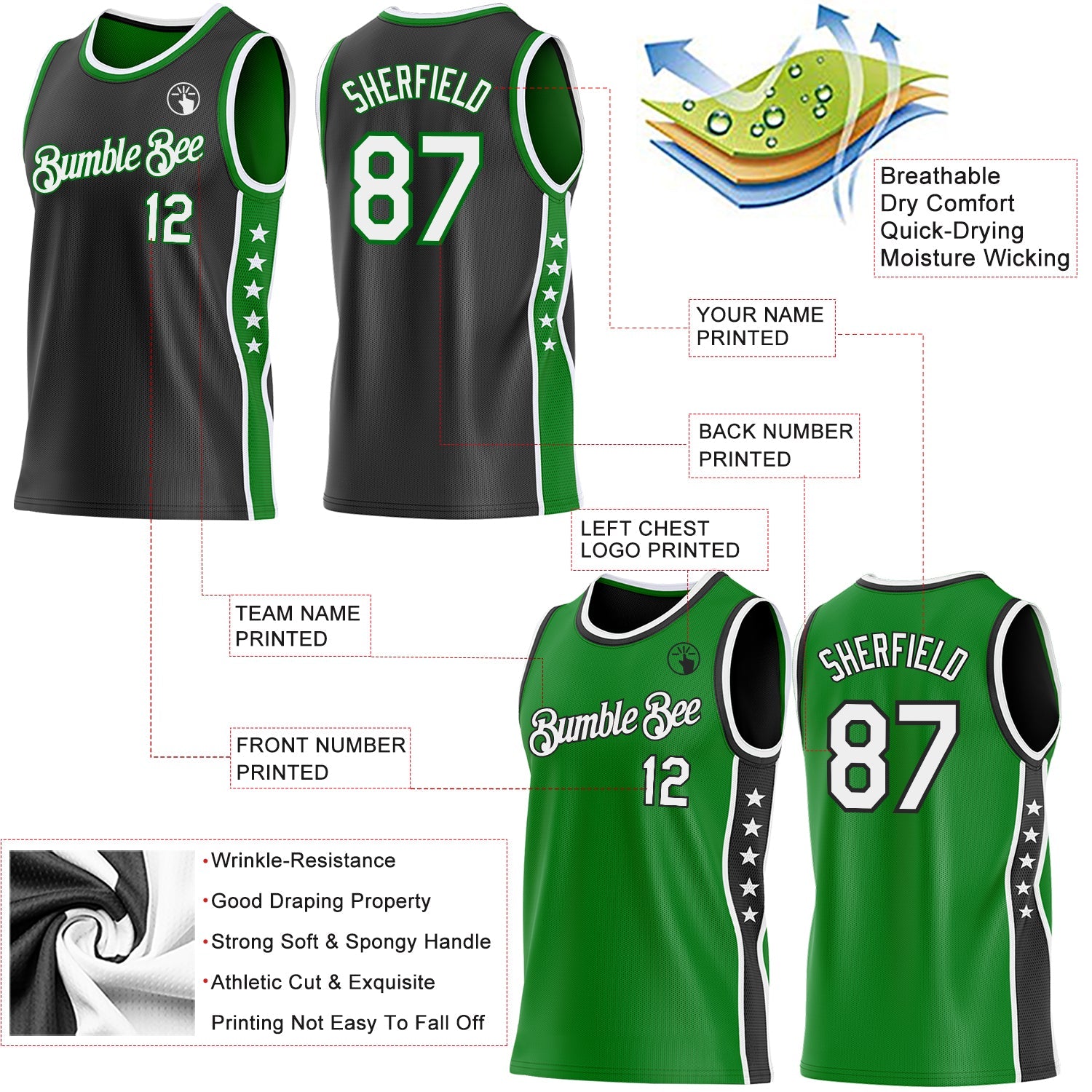 Custom Reversible Black White-Grass Green Double Side Star Sublimation Basketball Set Jersey