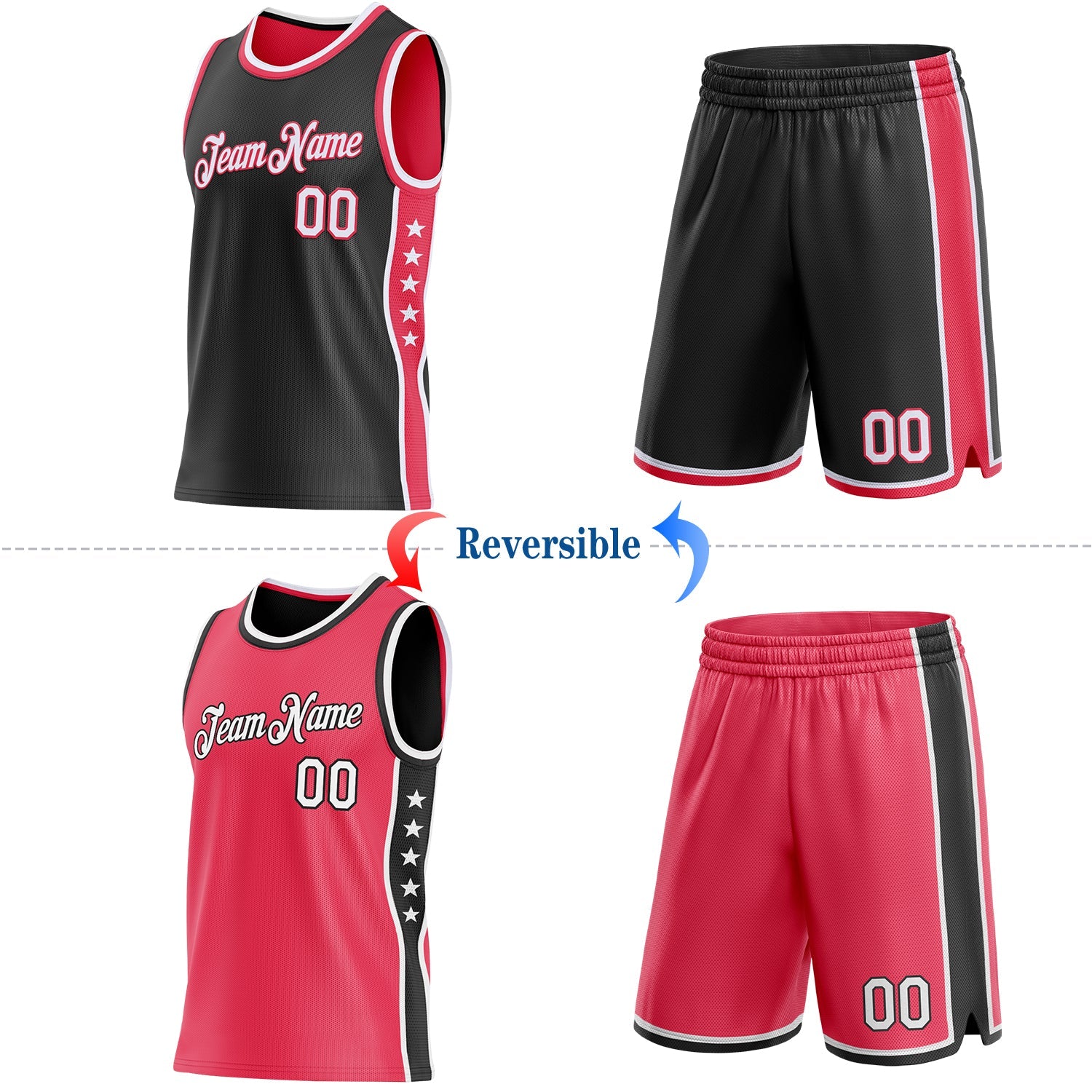 Custom Reversible Black White-Neon Pink Double Side Star Sublimation Basketball Set Jersey