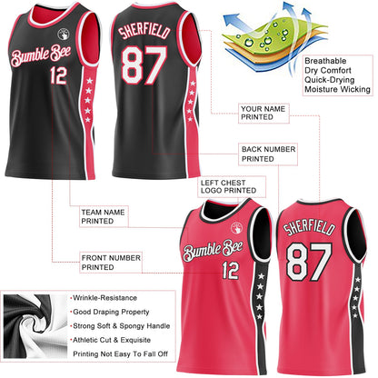 Custom Reversible Black White-Neon Pink Double Side Star Sublimation Basketball Set Jersey