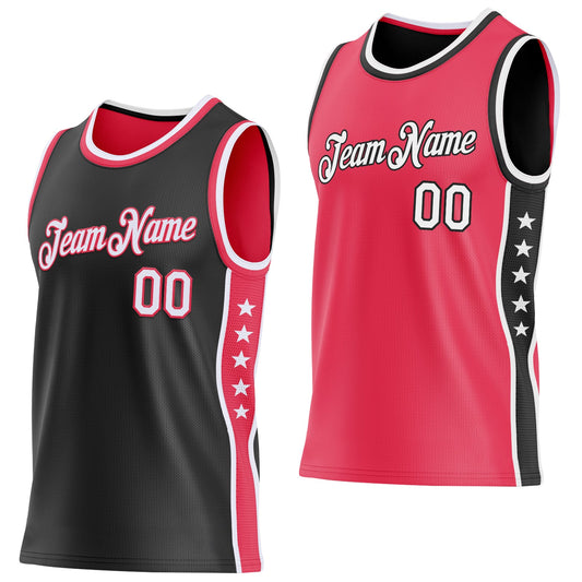 Custom Reversible Black White-Neon Pink Double Side Star Sublimation Basketball Set Jersey