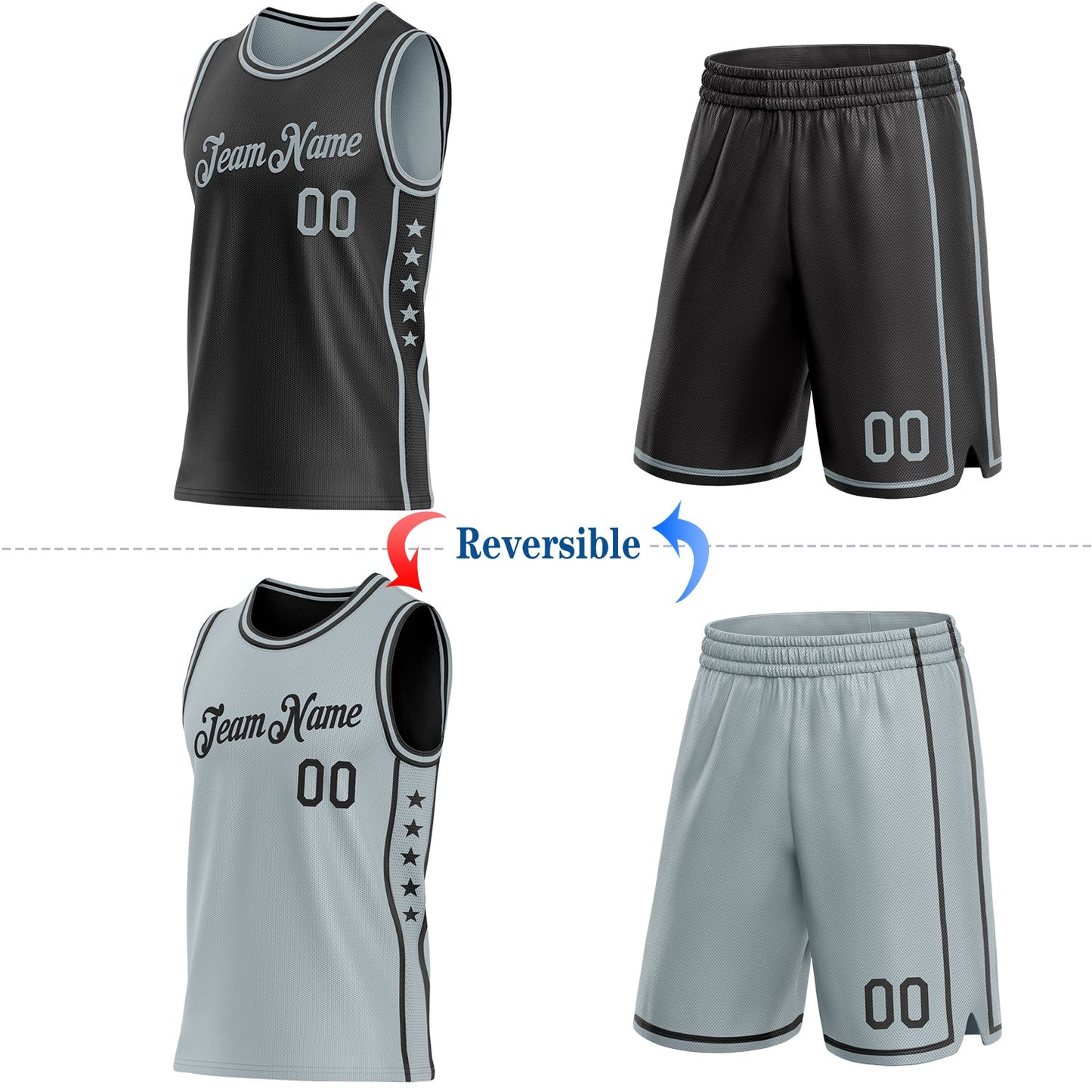 Custom Reversible Black Silver Double Side Star Sublimation Basketball Set Jersey