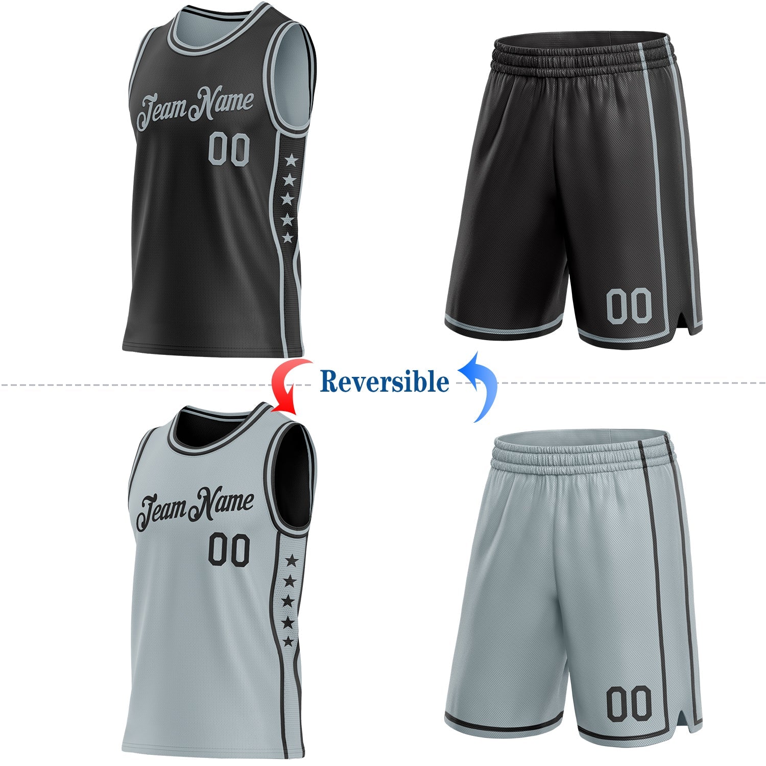 Custom Reversible Black Silver Double Side Star Sublimation Basketball Set Jersey