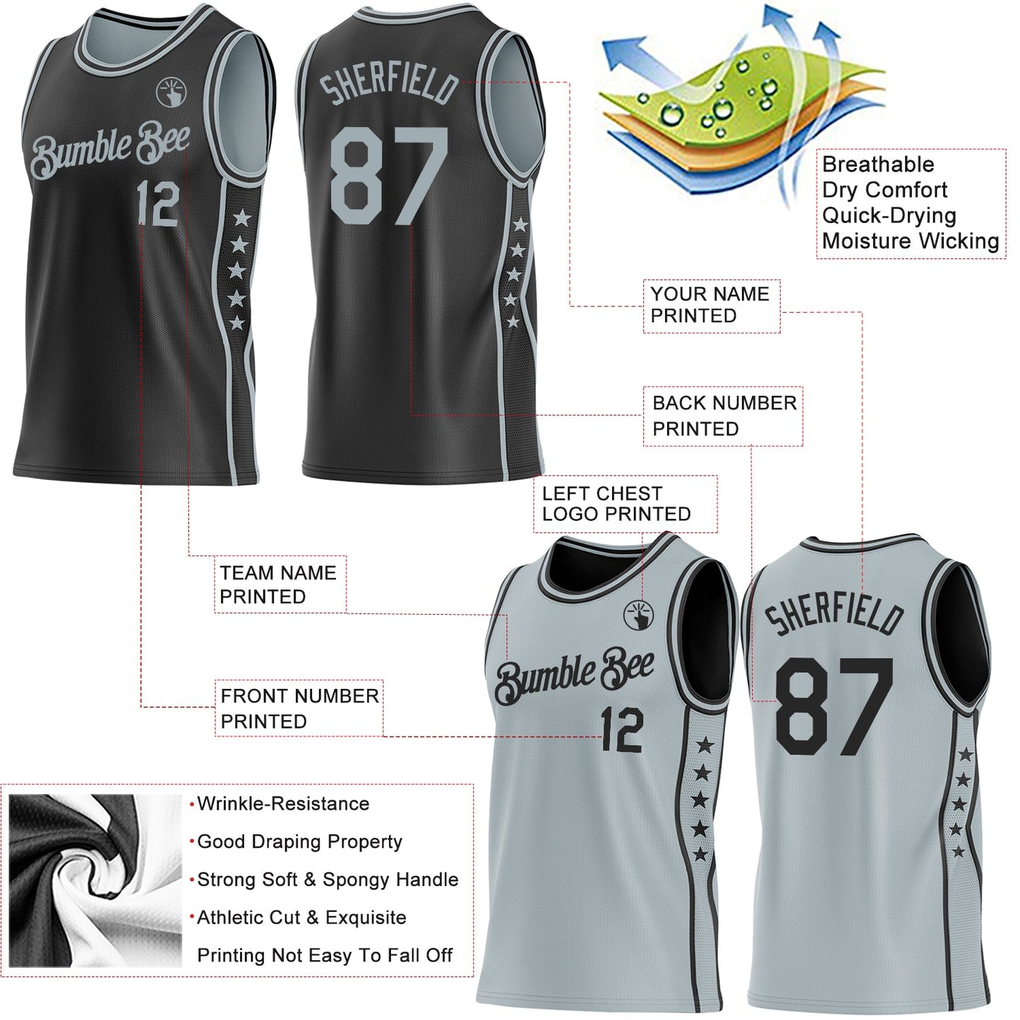 Custom Reversible Black Silver Double Side Star Sublimation Basketball Set Jersey