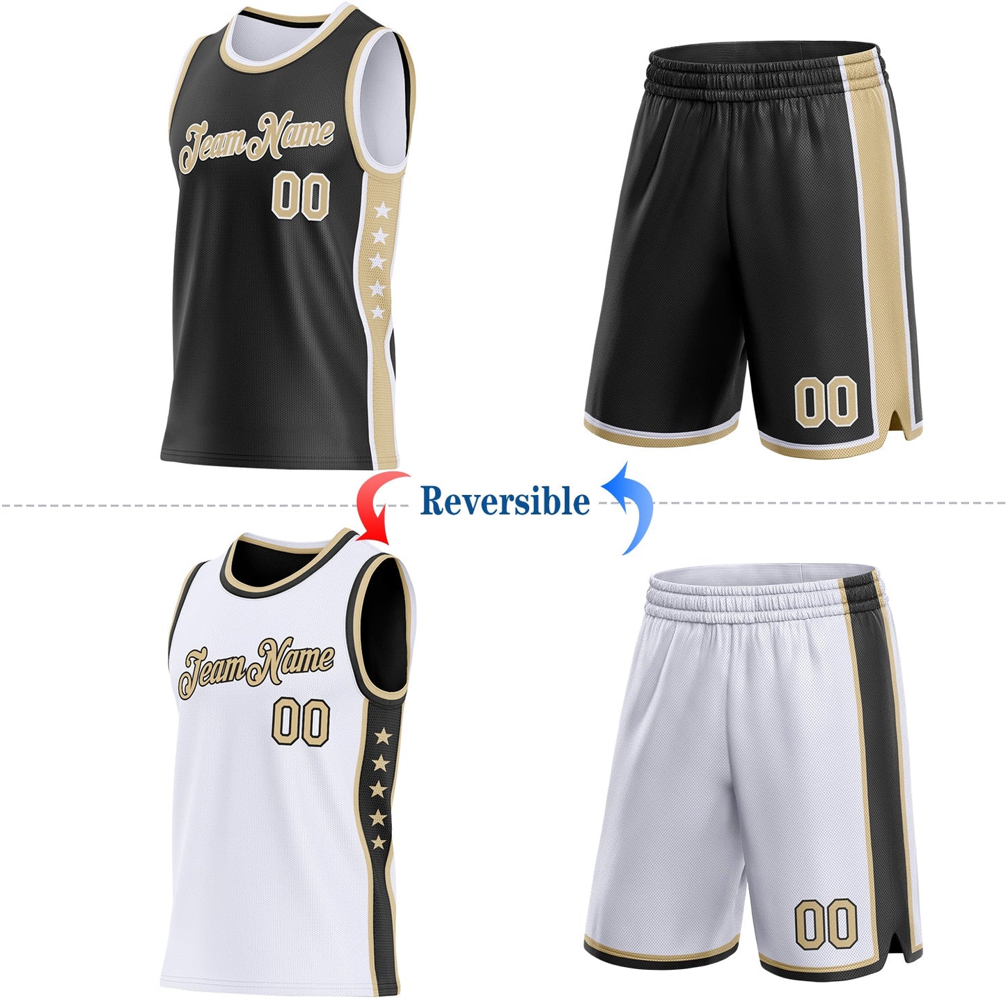Custom Reversible Black Vegas Gold-White Double Side Star Sublimation Basketball Set Jersey