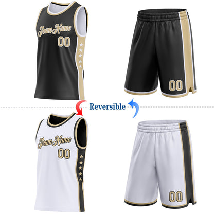 Custom Reversible Black Vegas Gold-White Double Side Star Sublimation Basketball Set Jersey