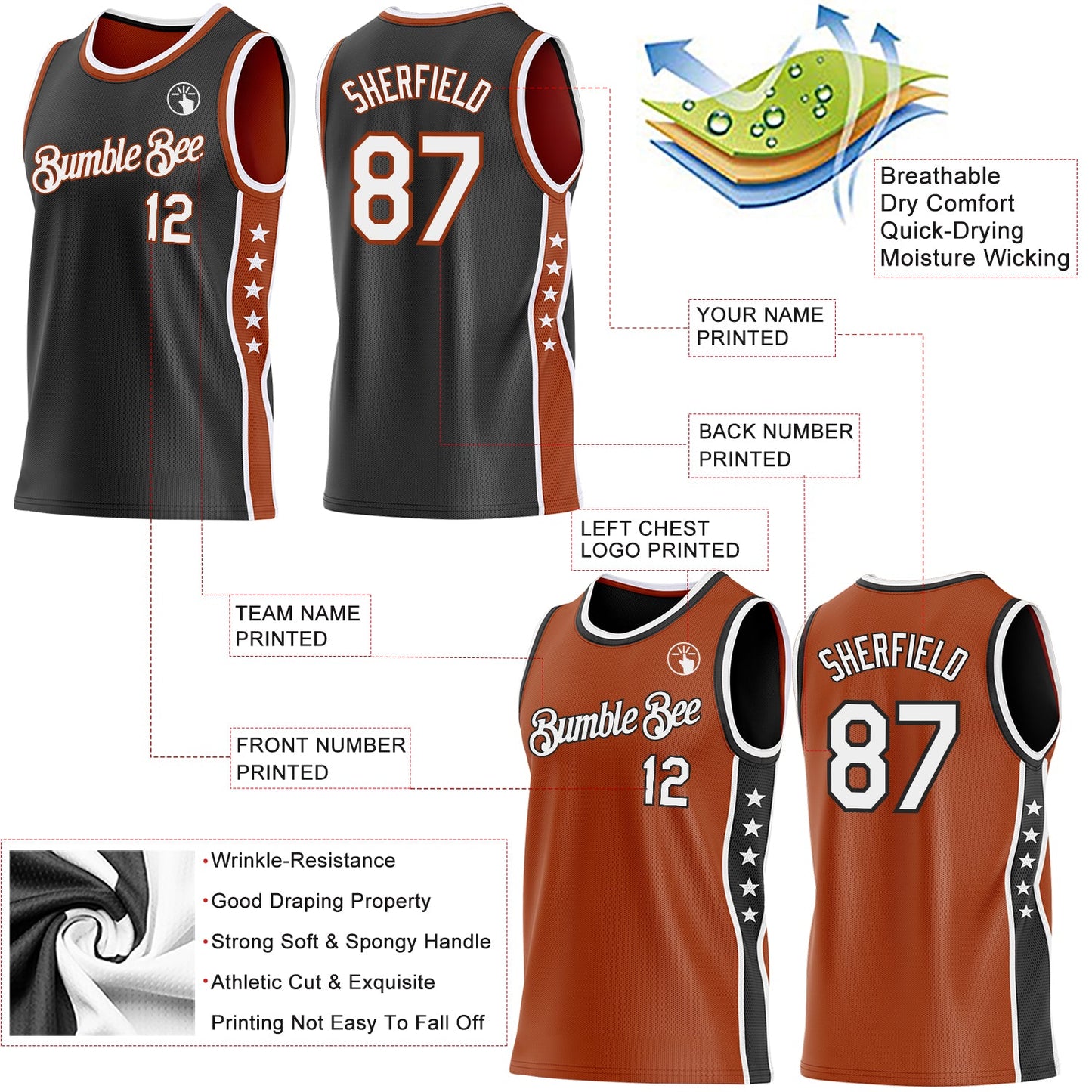 Custom Reversible Black White-Texas Orange Double Side Star Sublimation Basketball Set Jersey