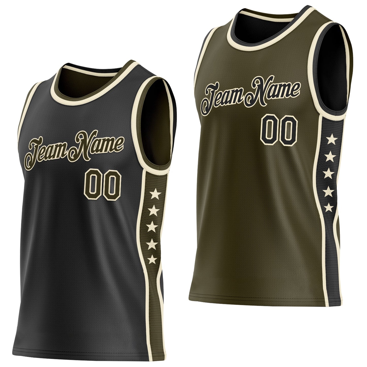 Custom Reversible Black Olive-Cream Double Side Star Sublimation Basketball Set Jersey