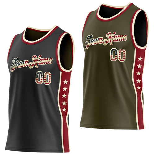 Custom Reversible Black Vintage USA Flag-Cream Double Side Star Sublimation Basketball Set Jersey