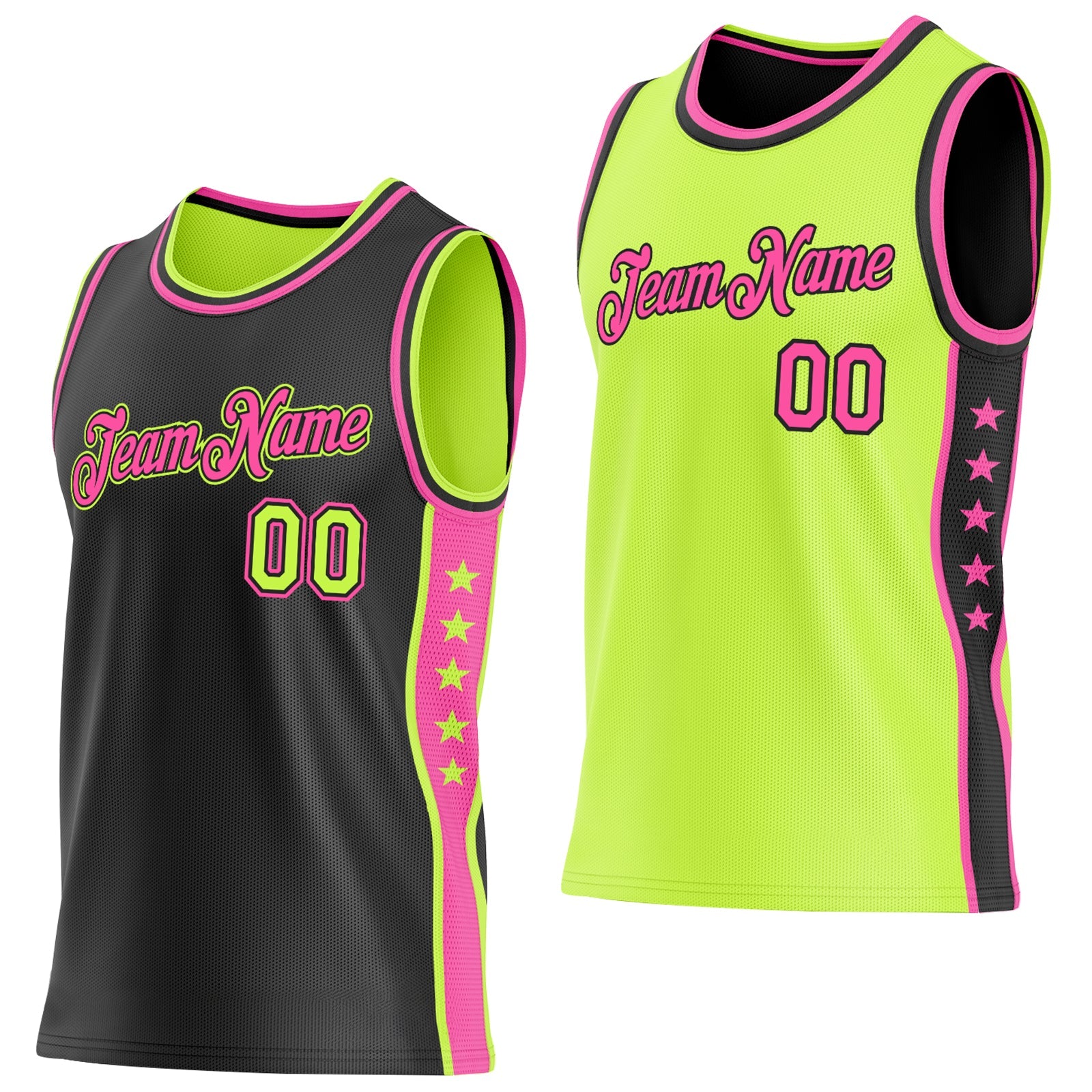Custom Reversible Black Neon Green-Pink Double Side Star Sublimation Basketball Set Jersey