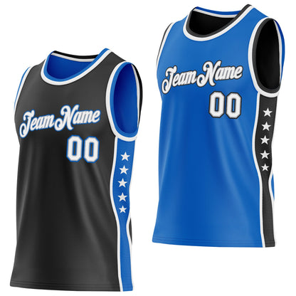 Custom Reversible Black White-Blue Double Side Star Sublimation Basketball Set Jersey