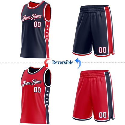 Custom Reversible Navy White-Red Double Side Star Sublimation Basketball Set Jersey