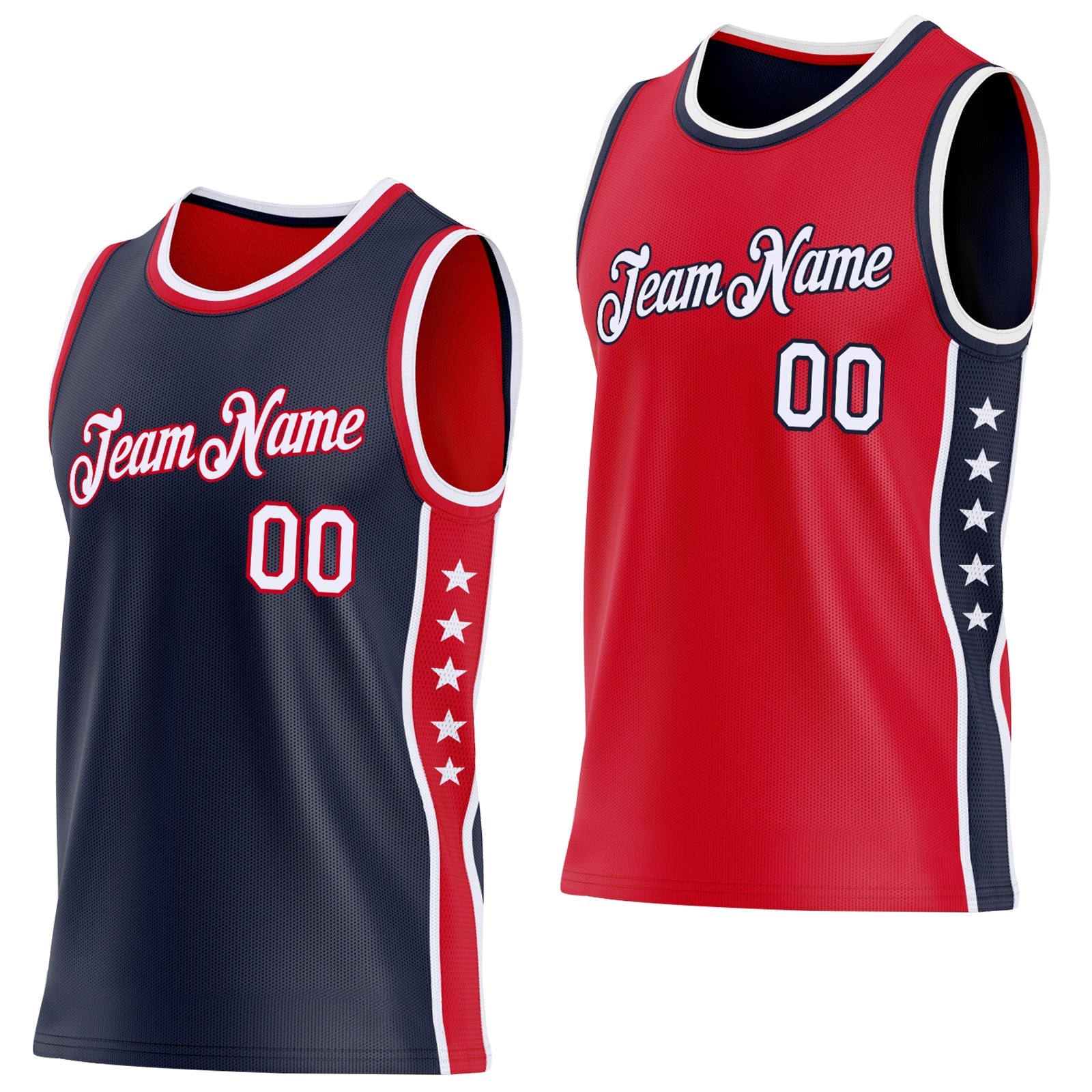 Custom Reversible Navy White-Red Double Side Star Sublimation Basketball Set Jersey