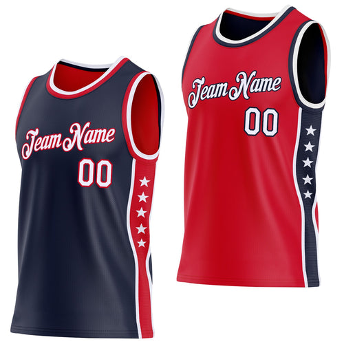 Custom Reversible Navy White-Red Double Side Star Sublimation Basketball Set Jersey