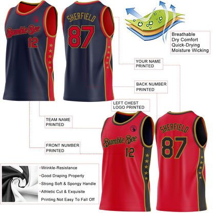 Custom Reversible Navy Red-Old Gold Double Side Star Sublimation Basketball Set Jersey