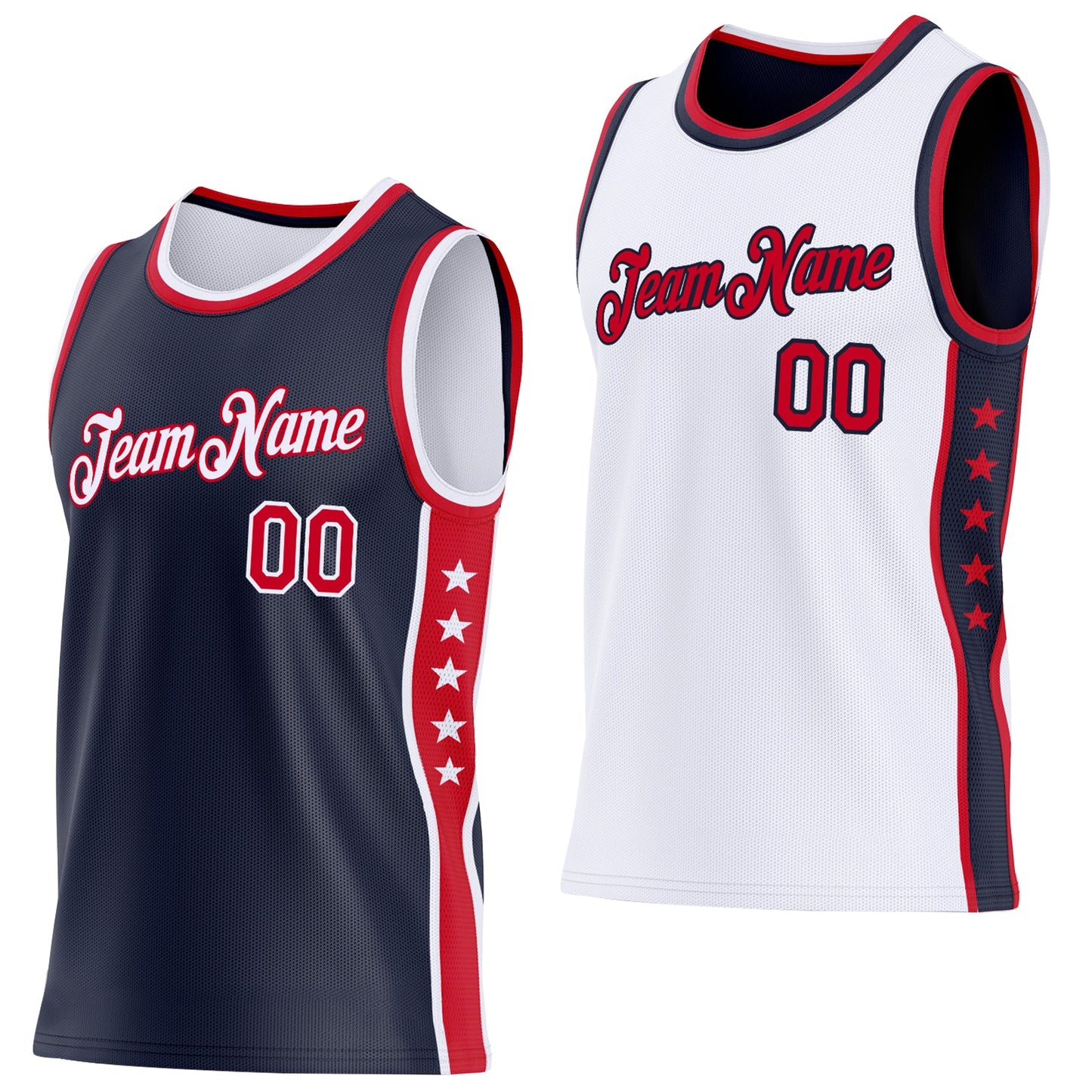 Custom Reversible Navy Red-White Double Side Star Sublimation Basketball Set Jersey