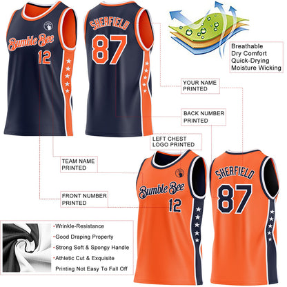 Custom Reversible Navy Orange-White Double Side Star Sublimation Basketball Set Jersey