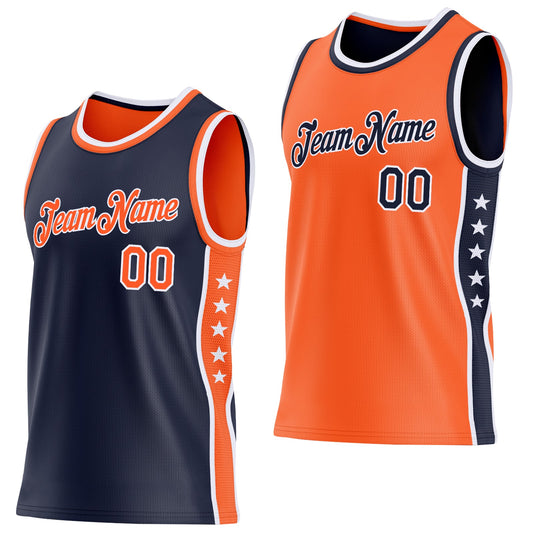 Custom Reversible Navy Orange-White Double Side Star Sublimation Basketball Set Jersey