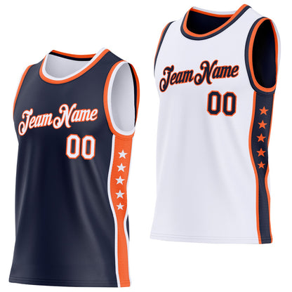Custom Reversible Navy White-Orange Double Side Star Sublimation Basketball Set Jersey