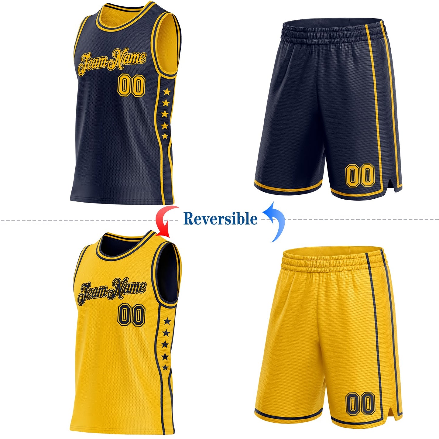 Custom Reversible Navy Gold Double Side Star Sublimation Basketball Set Jersey