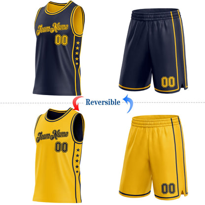 Custom Reversible Navy Gold Double Side Star Sublimation Basketball Set Jersey
