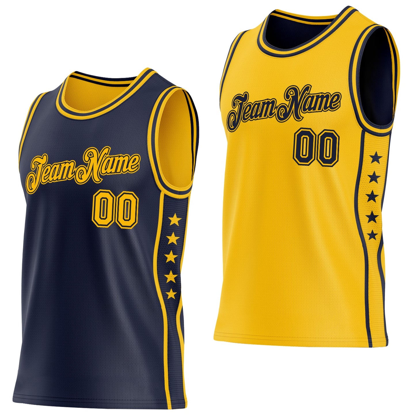 Custom Reversible Navy Gold Double Side Star Sublimation Basketball Set Jersey