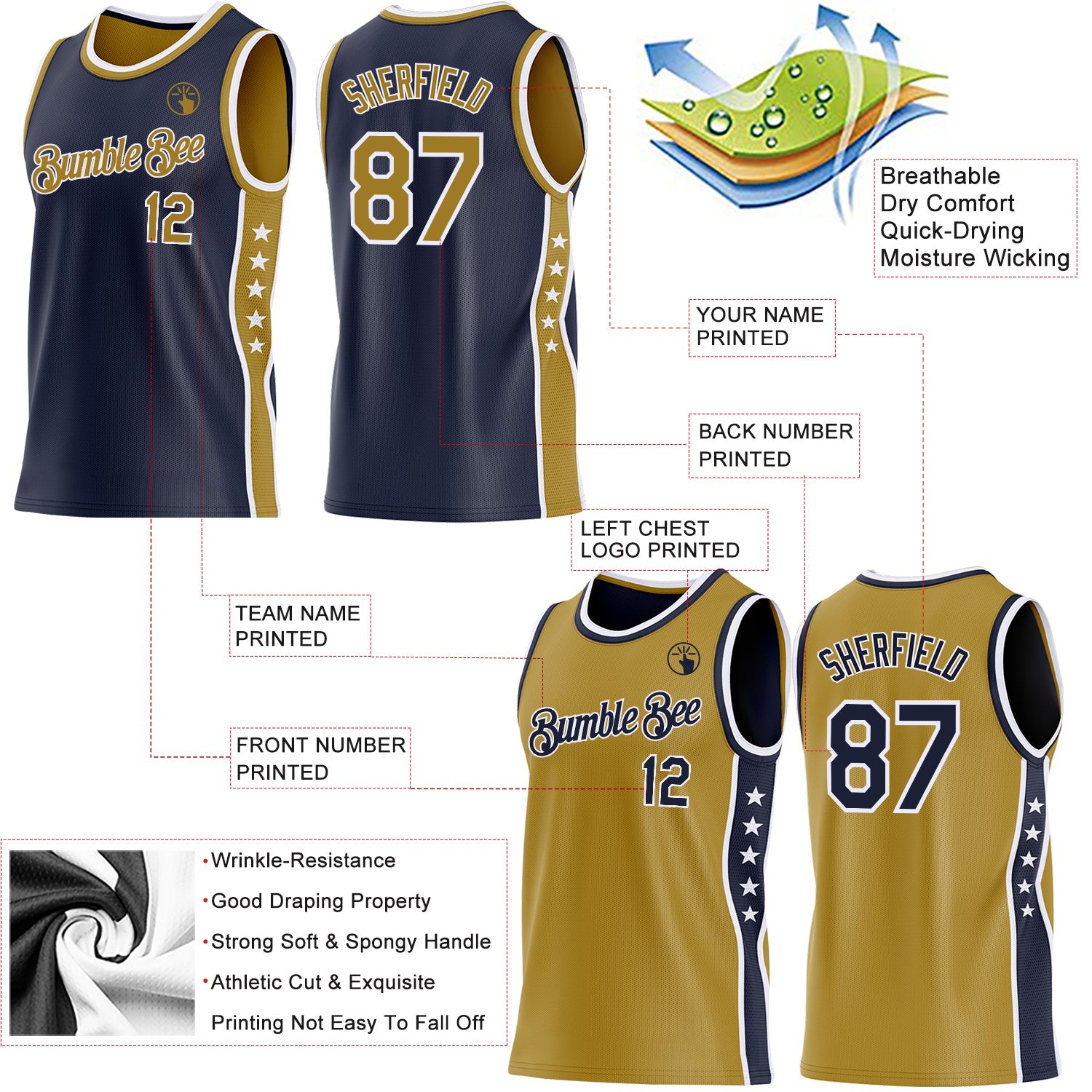 Custom Reversible Navy Old Gold-White Double Side Star Sublimation Basketball Set Jersey