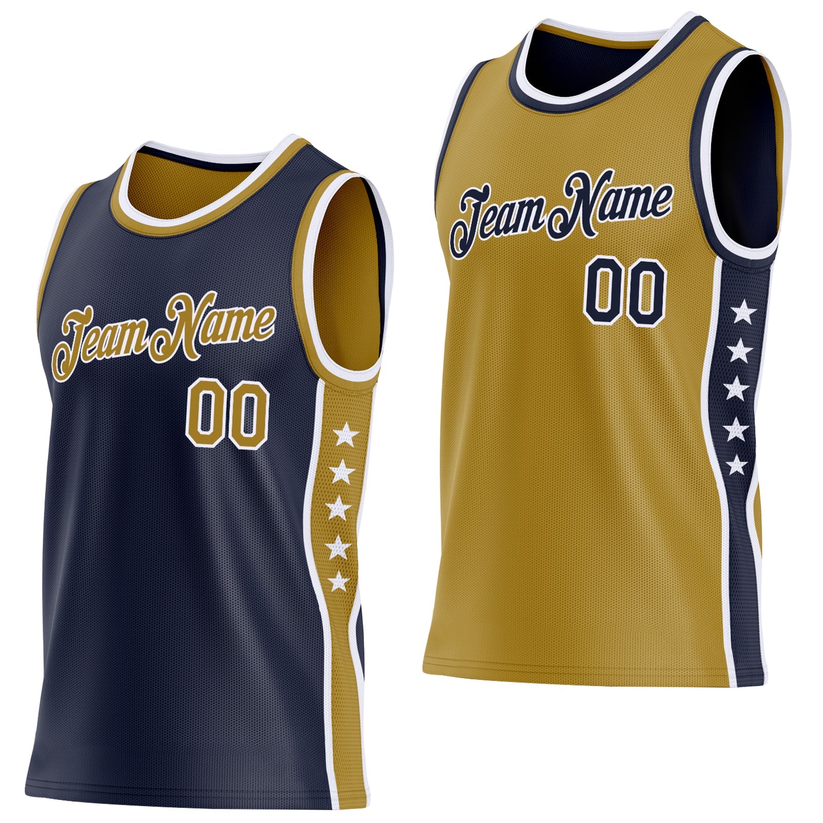 Custom Reversible Navy Old Gold-White Double Side Star Sublimation Basketball Set Jersey