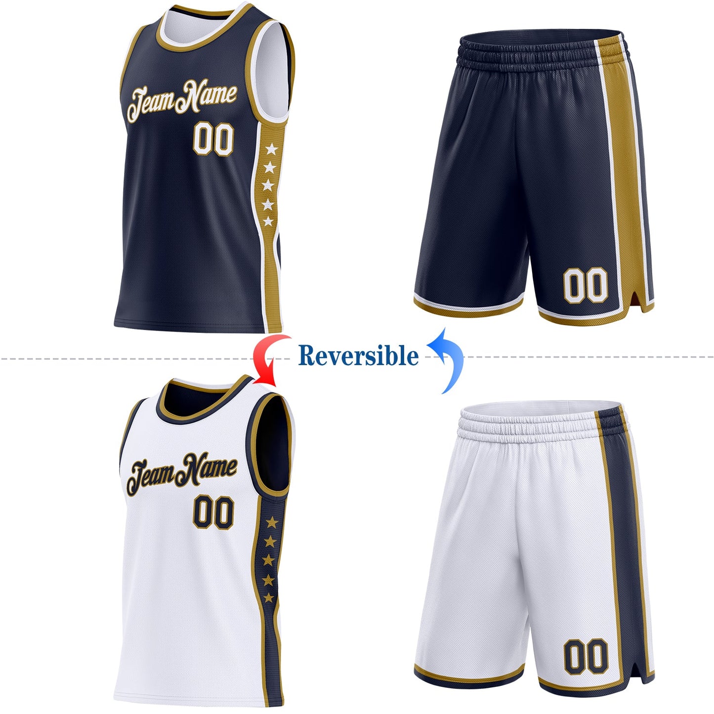 Custom Reversible Navy White-Old Gold Double Side Star Sublimation Basketball Set Jersey