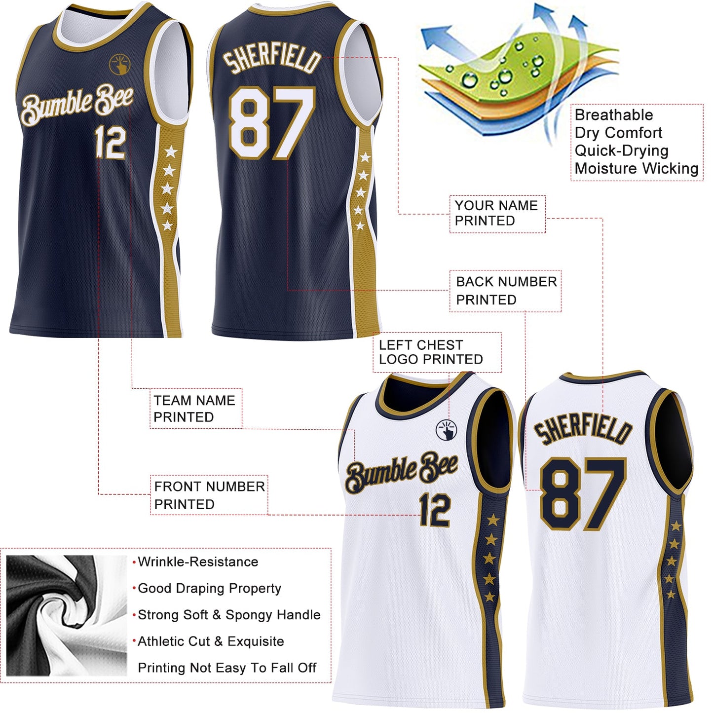 Custom Reversible Navy White-Old Gold Double Side Star Sublimation Basketball Set Jersey