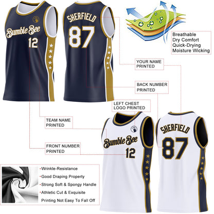 Custom Reversible Navy White-Old Gold Double Side Star Sublimation Basketball Set Jersey