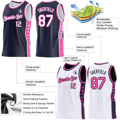 Custom Reversible Navy White-Pink Double Side Star Sublimation Basketball Set Jersey