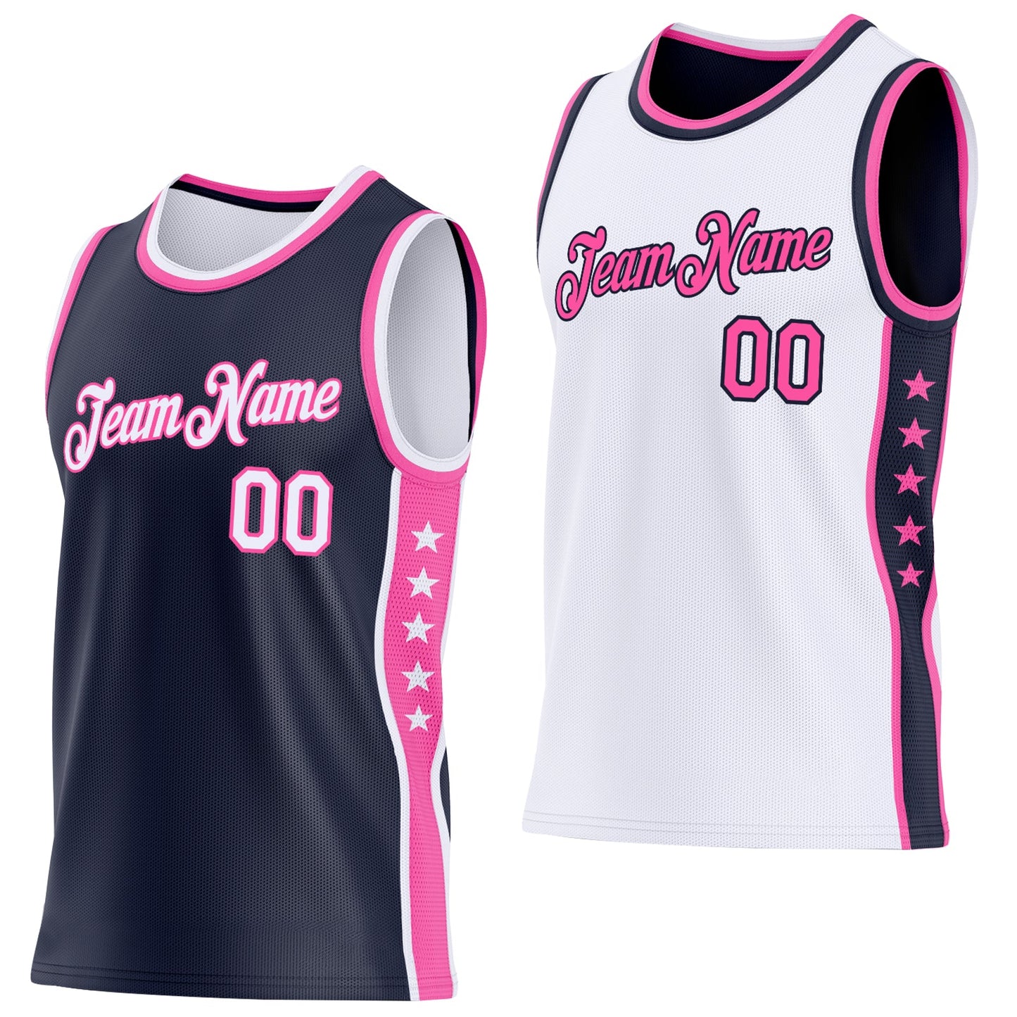 Custom Reversible Navy White-Pink Double Side Star Sublimation Basketball Set Jersey