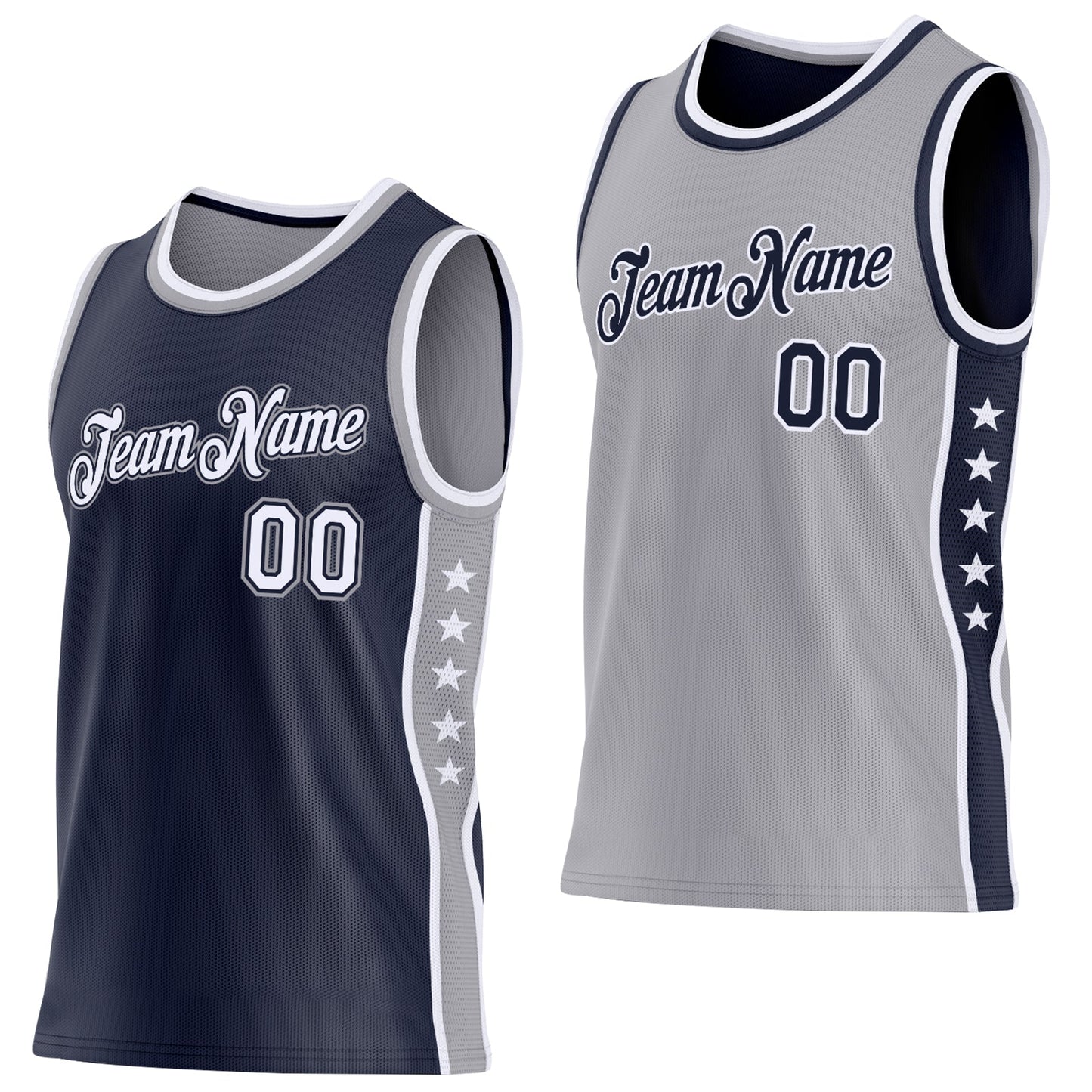 Custom Reversible Navy White-Gray Double Side Star Sublimation Basketball Set Jersey