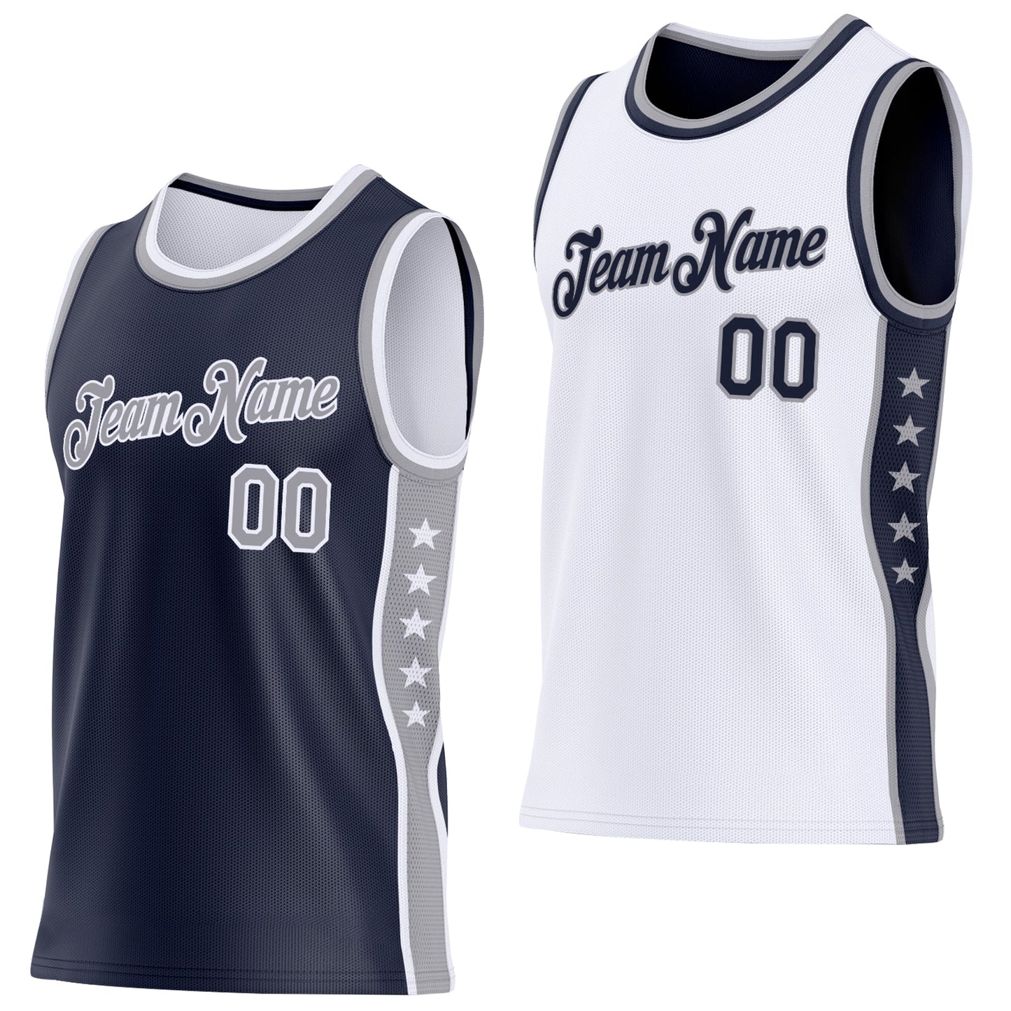Custom Reversible Navy Gray-White Double Side Star Sublimation Basketball Set Jersey