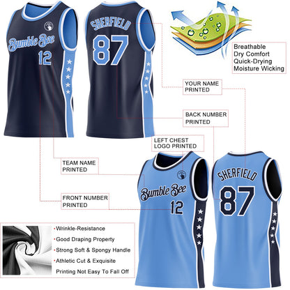 Custom Reversible Navy Lakes Blue-White Double Side Star Sublimation Basketball Set Jersey