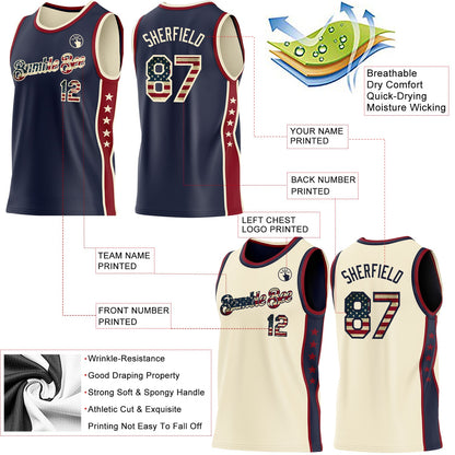 Custom Reversible Navy Vintage USA Flag-Cream Double Side Star Sublimation Basketball Set Jersey