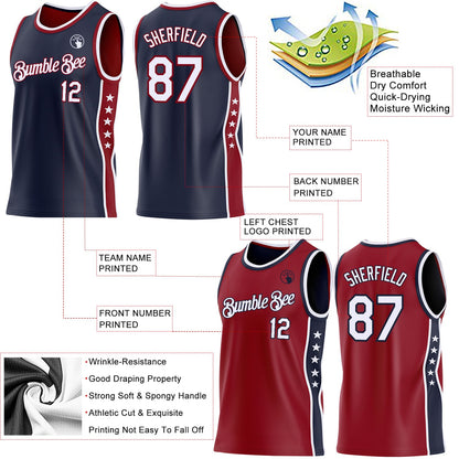 Custom Reversible Navy White-Crimson Double Side Star Sublimation Basketball Set Jersey