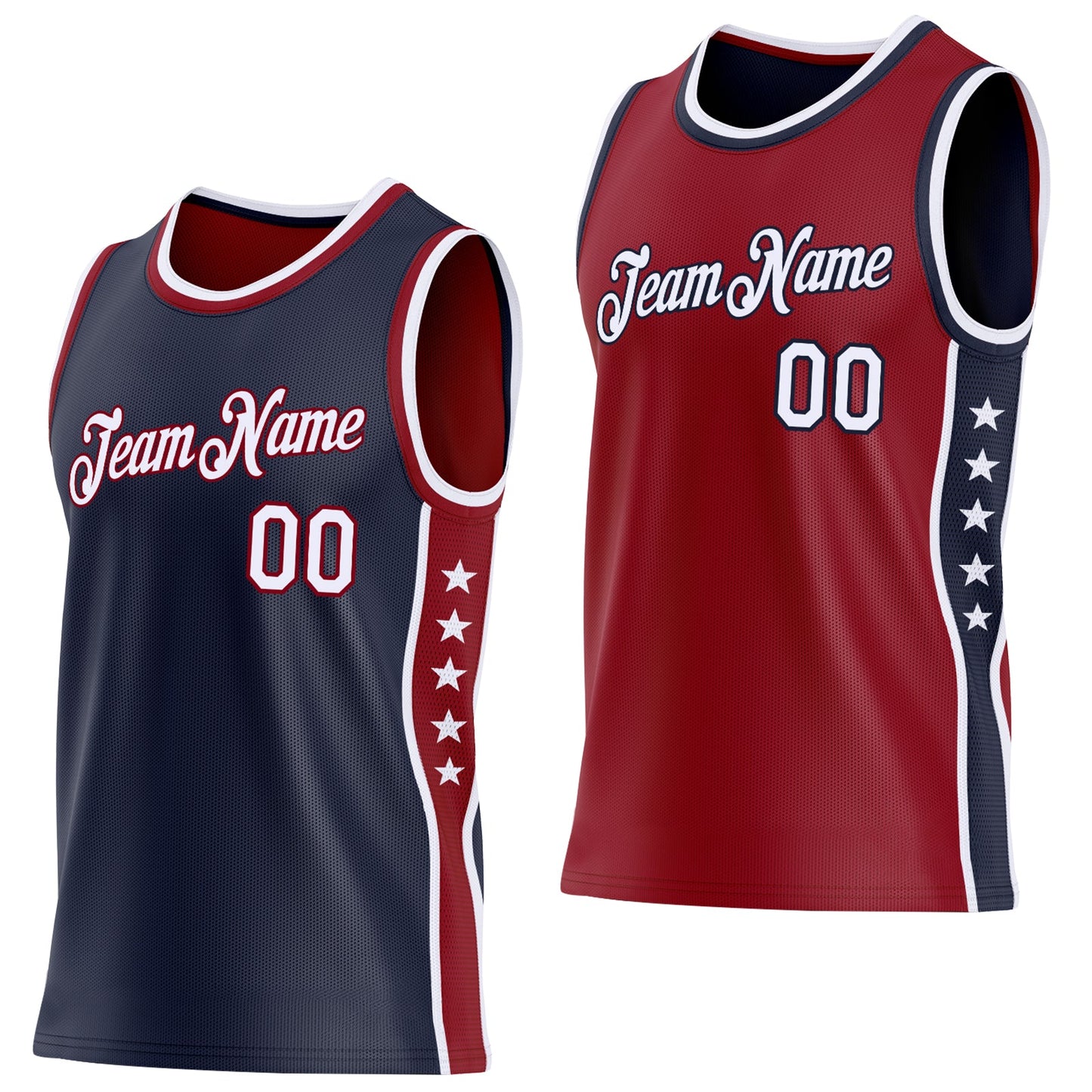 Custom Reversible Navy White-Crimson Double Side Star Sublimation Basketball Set Jersey