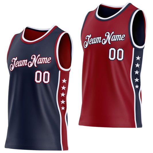Custom Reversible Navy White-Crimson Double Side Star Sublimation Basketball Set Jersey