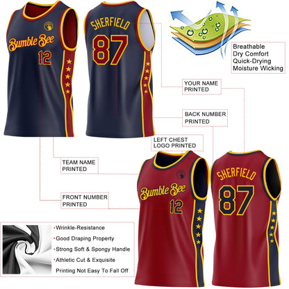 Custom Reversible Navy Crimson-Gold Double Side Star Sublimation Basketball Set Jersey